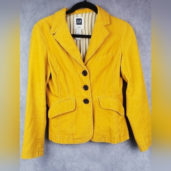 Gap BLAZER Women 1 MUSTARD YELLOW GOLD Corduroy LINED 3-Button ACADEMIA Preppy - Picture 1 of 11
